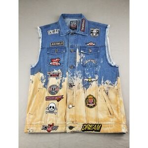Black Keys Men Vest Large Sleeveless Denim Jeans Jacket  Distressed Kiss Patch